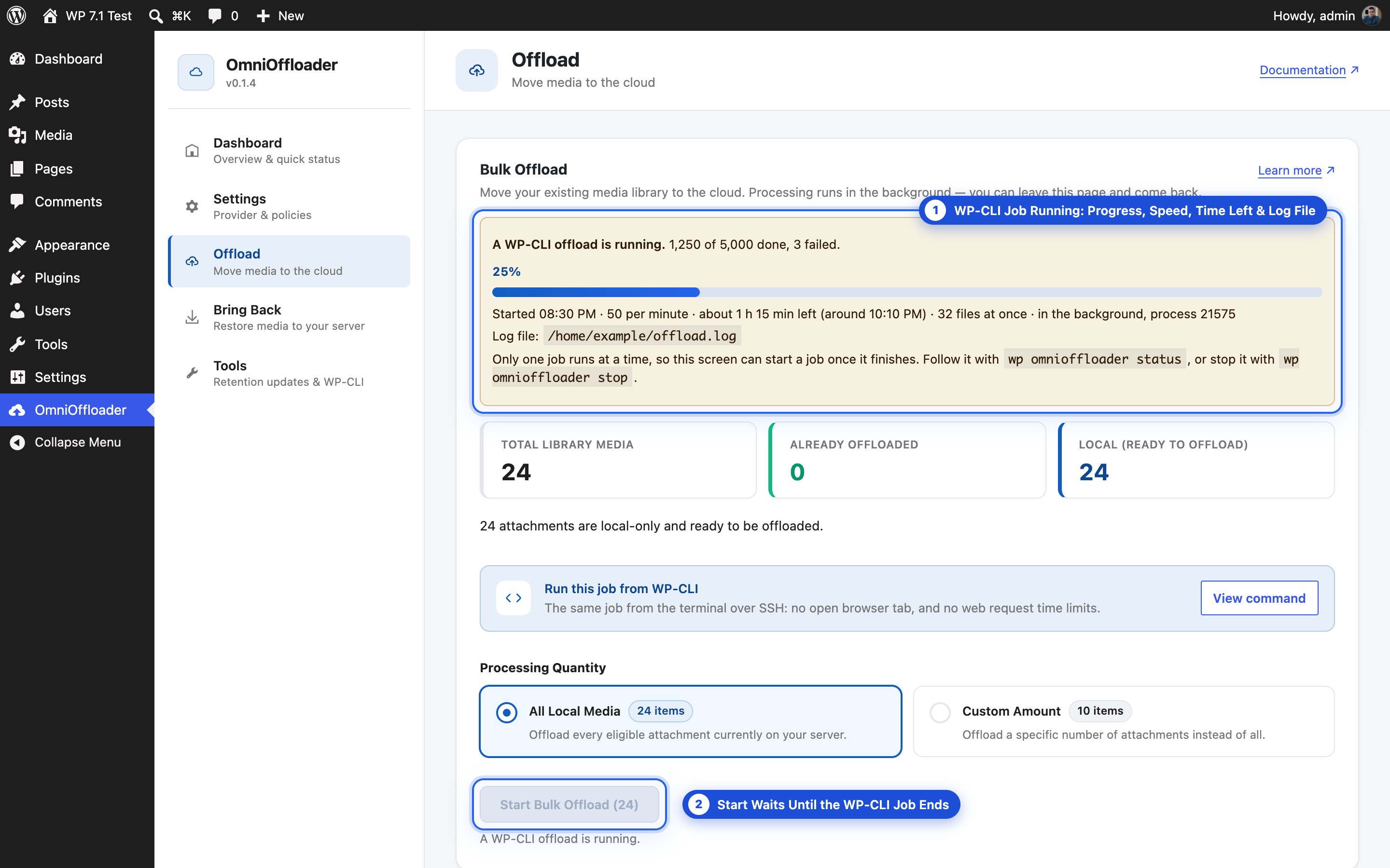The Offload screen while a WP-CLI offload runs: progress, speed, time left, files at once, process and log file, with Start Bulk Offload waiting