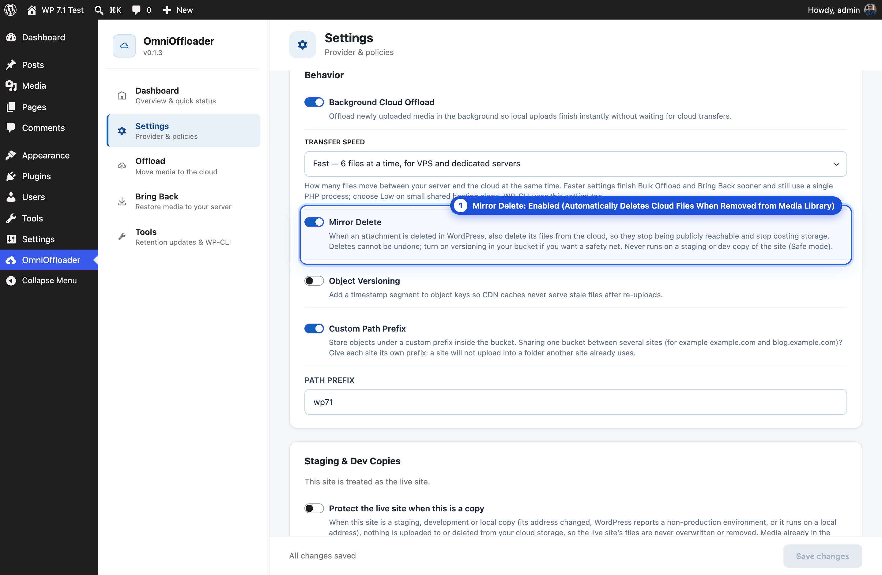 OmniOffloader Mirror Delete Settings