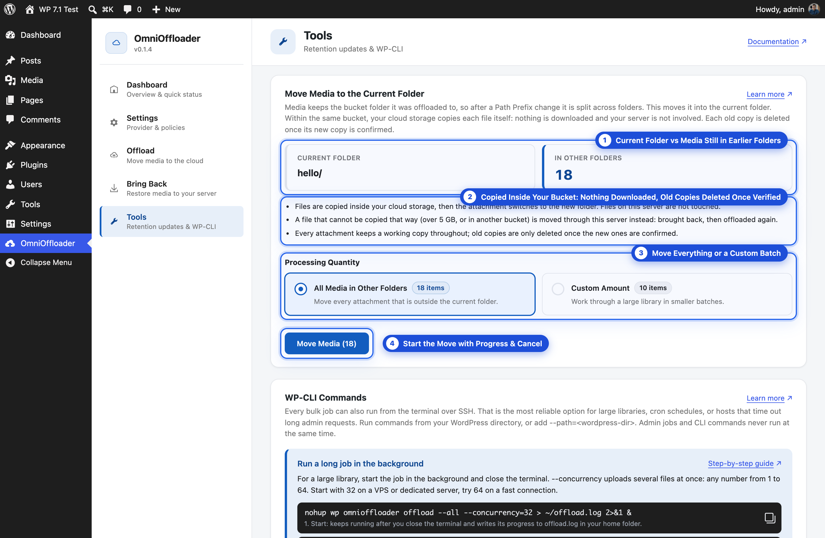 Tools → Move Media to the Current Folder, the admin screen for the same job