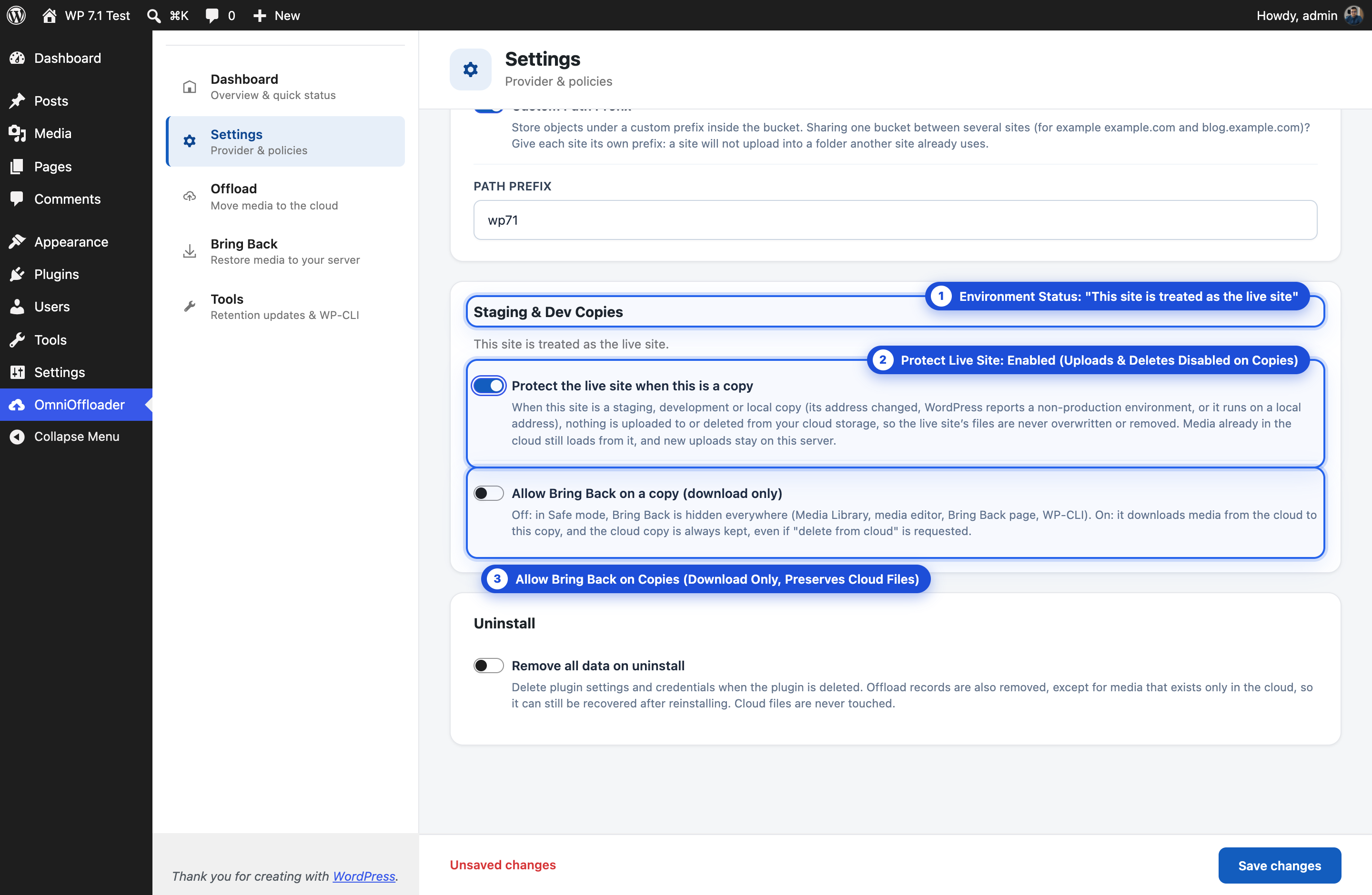 OmniOffloader Staging & Dev Copies Settings Controls
