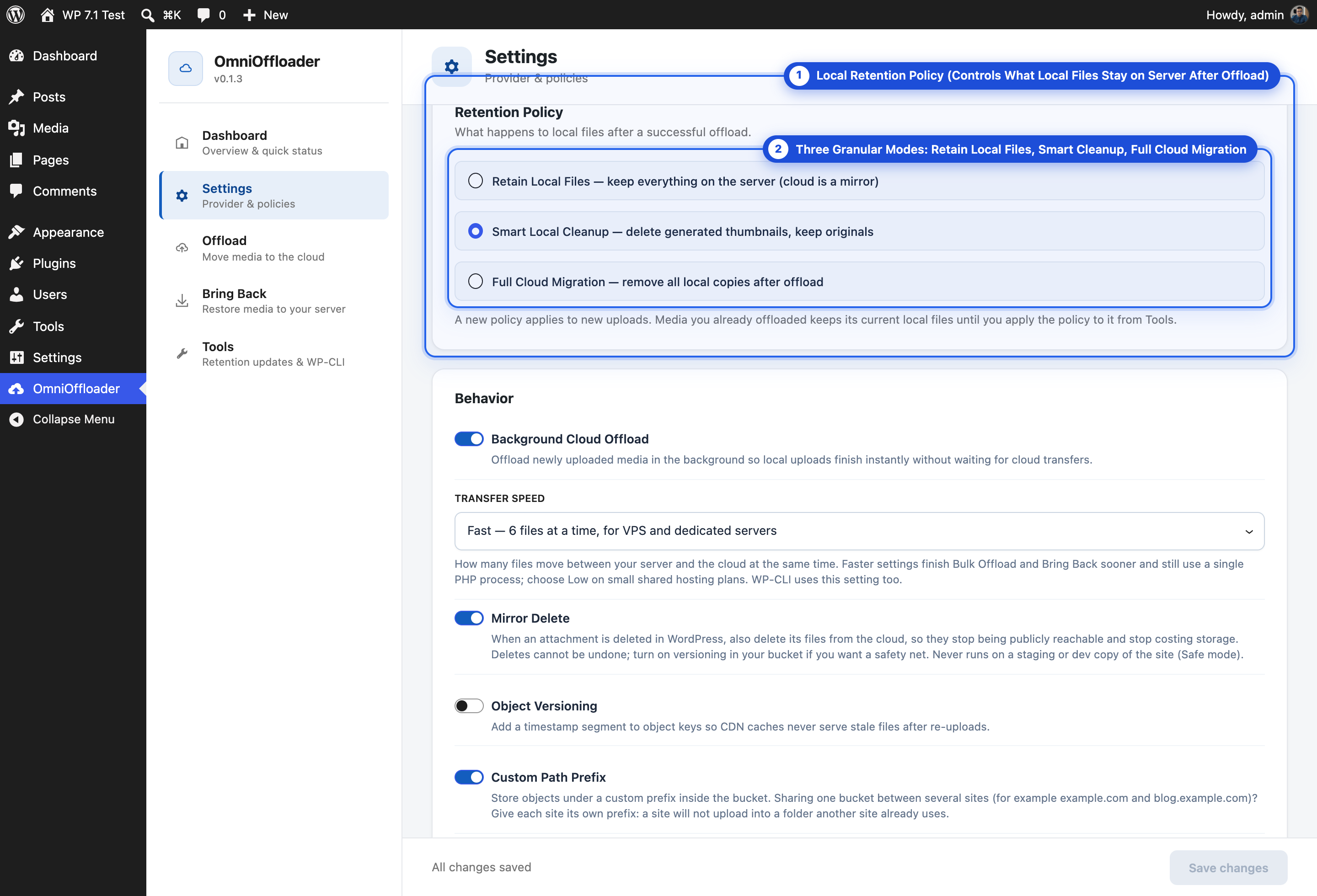 OmniOffloader Retention Policies and Advanced Controls